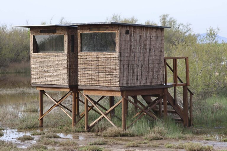 Dos módulos de hides fotográficos elevados de Aveshide situados sobre un humedal para la observación de aves en El Taray.