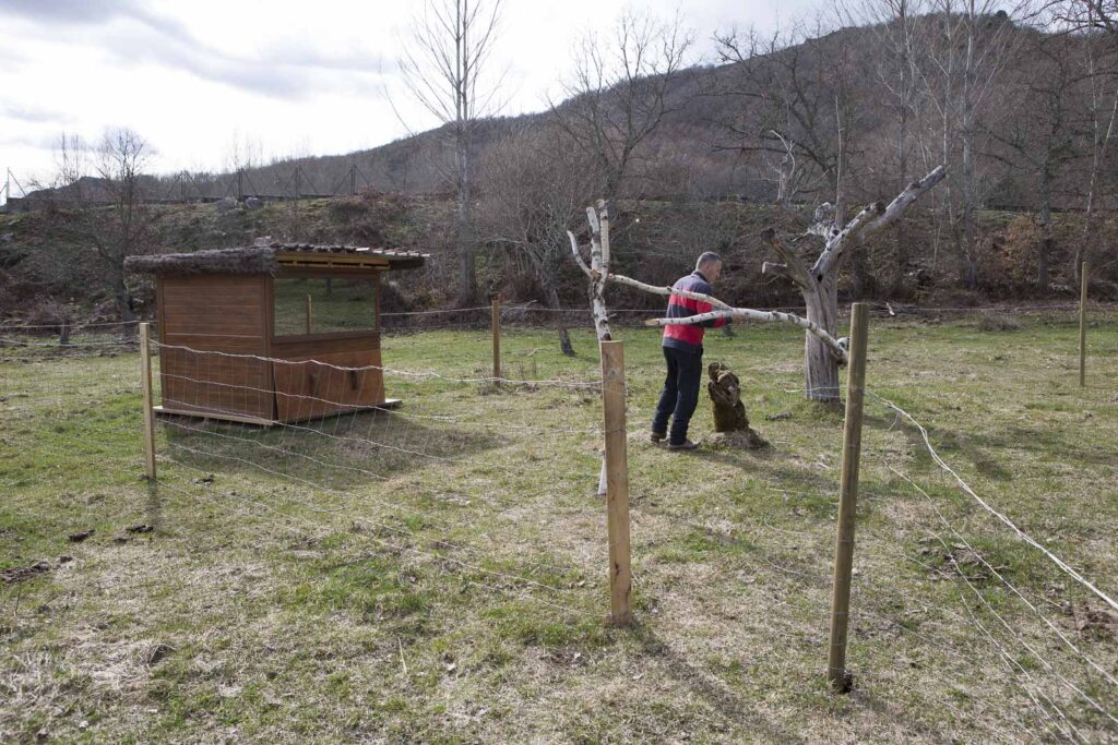 Especialista de Wild Spain Travel preparando un posadero natural de madera frente a un hide fotográfico en una zona de montaña.