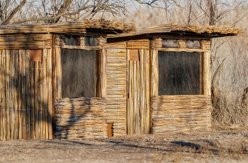 Exterior de los hides de la Mangada construidos con cañizo natural en la finca El Taray, Toledo.